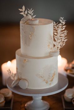 a three tiered white cake sitting on top of a table