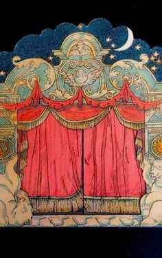 a drawing of a stage with red curtains and stars on the ceiling, in front of a full moon