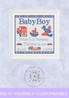 DIY Customizable Cross Stitch Baby Sampler Pattern. This beautiful baby sampler is a perfect fit for your baby boy's nursery. The sampler provides plenty of room to record baby's full name, birthdate, weight and height.  Please Note: This is a do-it-yourself customizable pattern. It can be personalized with baby's name, birthdate, weight and height. A full alphabet and number chart is included with your purchase to customize it yourself. Skill level: Intermediate to Advanced This chart uses 14 D Baby Boy Birth Announcement, Birth Sampler, Cross Stitch Tutorial, 1 Symbol, Birth Announcement Boy, Airplane Toys, Baby 2, Cross Stitch Baby, Email Account