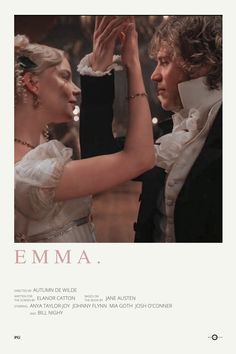 the movie poster for emma starring actors in period costumes, with an image of a man and woman dancing