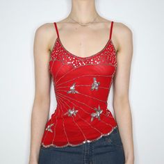 Red Mesh Beaded Camisole (Small) Red Mesh Top, Mesh Top Outfit, 2000s Looks, Vintage Sequin Top, Baby Doll Top, Fashion Content, 2000s Outfits, 90s 2000s, 2000s Fashion Outfits