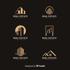 six real estate logos with gold foil on black and white background, including the letter e