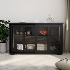 there is a black cabinet with glass doors in the living room next to a potted plant