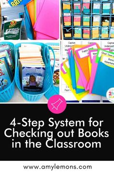 the four step system for checking out books in the classroom with text overlays