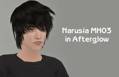 a man with black hair is wearing a black t - shirt and has the words nausia m03 in afterglow