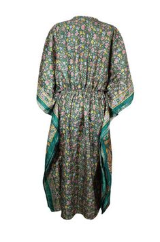 Womens Summer Kaftan, Juniper, Green Floral Caftan Beach Coverup, L-2X The Juniper Green Floral Summer Kaftan is a stylish L-2X beach cover-up that is perfect for vacations or resort days. This caftan, made from recycled silk saris, is a combination of casual luxury and eco-friendly fashion. It features an adjustable drawstring waist and is crafted from recycled materials, making it a versatile choice for either lounging at home or wearing out. With the growing trend of boho weddings against nat Luxury Green Beach Cover-up Dress, Luxury Chic Kaftan For Beach Cover-up, Luxury Casual Beach Cover-up Dress, Luxury Green Vacation Kaftan, Luxury Casual Dress For Beach Cover-up, Bohemian Chic Style, Summer Kaftan, Juniper Green, Beach Caftan