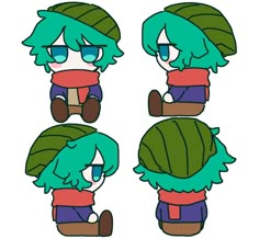 three cartoon characters with different hair styles and colors, one is wearing a green beanie