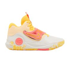 the nike zoom basketball shoe is white and yellow with pink accents on the upper part