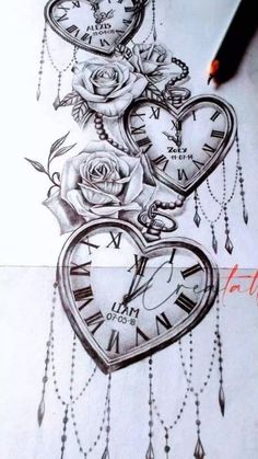 a drawing of a clock and roses with chains