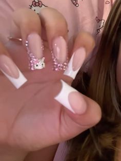 Pink Birthday Nails Hello Kitty, Birthday Nails Hello Kitty, Pink French Tip Nails With Hello Kitty, Nail Inspiration Hello Kitty, Nail Ideas Hello Kitty, Cute Hello Kitty Nails, Hello Kitty Inspired Nails, French Tip With Hello Kitty Charm, Light Pink Nails Acrylic Hello Kitty