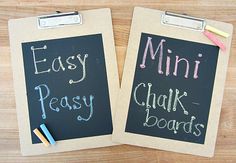 two chalkboards with the words easy, easy and mini written on them are sitting next to each other