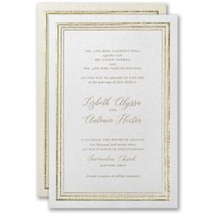 the front and back of a wedding card with gold trimmings on white paper