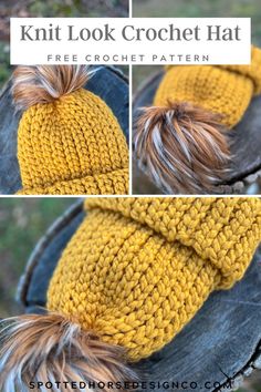 the knitted hat is shown with two ponytails on top and one in the middle