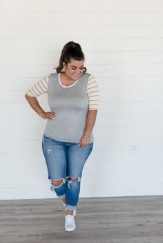 Baseball Tee - Grey & Mustard #tops #tshirt #fashion #ad #plussize Distressed Boyfriend Jeans, Baseball Tee