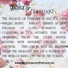 a poem written in pink flowers with the words, magic of february on it's side