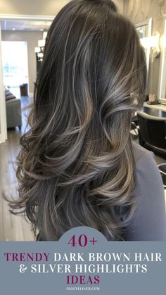 Brunette Hair Blending Grey, Ash Highlights In Dark Hair, Smokey Brown Hair With Highlights, Brunette Hair Hiding Grey, Grey Hair Cover Up Ideas, Hide Grays With Highlights, Brown With Grey Balayage, Dark Brown Hair Gray Coverage, Ash Brown Hair Makeup