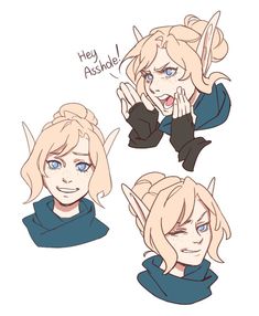 some drawings of an elf girl with blue eyes and blonde hair