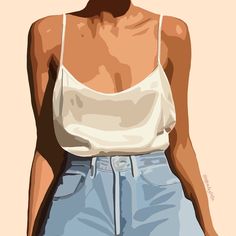 a painting of a woman wearing high waisted jeans and a white tank top with her hands in her pockets