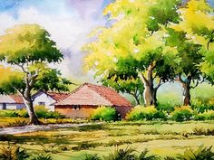 a painting of trees and houses in the background