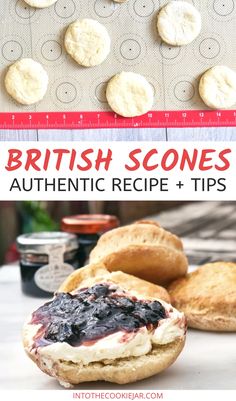 british scones with blueberry sauce and cream cheese on top, in front of other biscuits