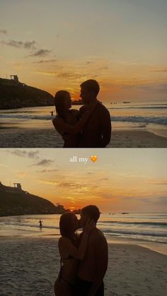 two people are kissing on the beach at sunset, and one is holding another person's head