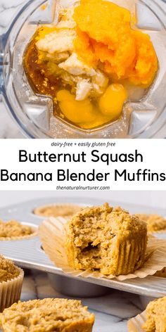 banana blender muffins with butternut squash in the background and text overlay