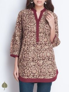 Maroon-Beige Natural Dye Kalamkari Printed Pleated Neck Handloom Cotton Top by Jaypore Short Kurti Designs, Cotton Tops Designs, Pleated Neck, New Kurti Designs, Tunics Online, Kurti Patterns, Kurta Neck Design, Cotton Kurti Designs, Dress Neck Designs