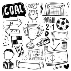 a black and white drawing of sports related items, including a goal sign, soccer ball, scoreboard, flag, trophy, tickets, ticket holders, etc