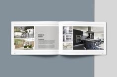 an open brochure with pictures of kitchen appliances and furniture in it, on a gray background