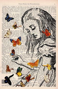 a woman surrounded by butterflies on an old book page