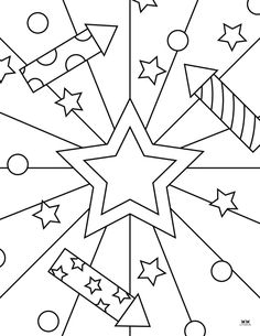 a coloring page with stars and confetti in the center, as well as circles