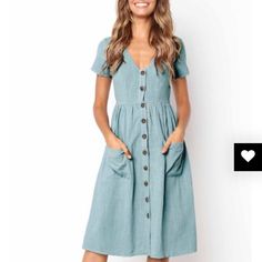 Super Lightweight And Easy To Wear. Button Down Front With Two Front Pockets, V Neckline And Short Sleeves. Never Worn. Nice Neutral Grayish Blue Color. Midi Dress With Pockets, Womens Summer Shorts, Mini Dress Fashion, Women Beach, Women Long Dresses, Fashion 2018, Sweet Dress, Basic Outfits, Short Sleeve Dress