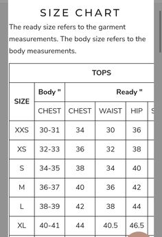 women's size chart for the body measurements