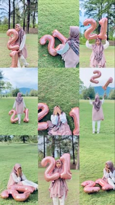 a collage of photos showing two women sitting on inflatable numbers