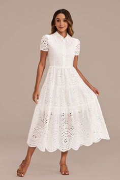 White Short Sleeve Collar Embroidery Eyelet Cotton Midi Dress Elegant Short Sleeve Eyelet Dresses, Feminine Eyelet Dress With Short Sleeves, White Short Sleeve Summer Dress, Casual Eyelet Dress With Short Sleeves, White Short Sleeve Dress For Spring, Summer Eyelet Dress With Short Sleeves, Elegant White Short Sleeve Summer Dress, Short Sleeve Eyelet Dress For Daywear, Feminine Short Sleeve Broderie Anglaise Dress