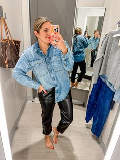 fall outfit idea from Target- faux leather pants and denim shirt Outfits From Target, Studded Denim Jacket, Insta Outfits, Blogger Inspiration, Clothing Blogs, Evening Outfit, Studded Denim, Outfit Inspiration Fall, Leopard Print Top