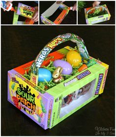 an easter basket filled with candy and eggs