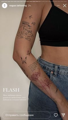 a woman's arm with tattoos on it and the words flash written in red ink