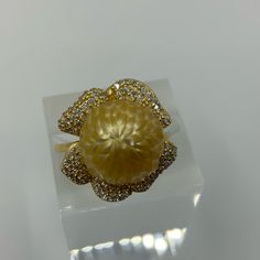 Genuine South Sea 11.4mm Carved Flower Pearl Ring, Deep Saturated Gold Color Of Pearl Makes It Unique And Noticeable! 18k Yellow Gold Over S925 Sold Sterling Silver! Adjustable Size, For Sizes 5-8 Only! Stamped S925! Flower Petals Decorated With Cz! South Sea Golden Pearl Came From Polynesia, Dainty Hardware Came From Germany! See Pictures Please! Retail $1250! Golden Pearl, South Seas, Pearl Ring, Flower Petals, Womens Jewelry Rings, Silver Gold, Gold Color, Germany, Yellow Gold