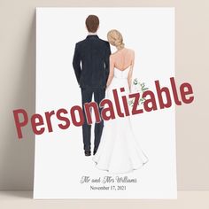 a wedding card with the words personalizable and a bride and groom standing next to each other