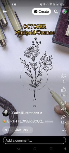 someone is drawing flowers on a sheet of paper