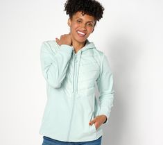 Cozy does it! A mix of soft knit and cushy quilting makes this hoodie jacket motivation for more outside time. From Sport Savvy. Casual Quilted Hooded Jacket For Outdoor Activities, Quilted Hoodie, Levis Jean Jacket, Scrub Jackets, Gore Tex Jacket, Hoodie Green, Mix Media, Fresh Mint, Faux Fur Jacket