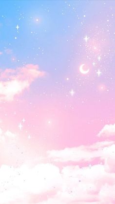 the sky is filled with stars and moon in pink, blue, and white colors