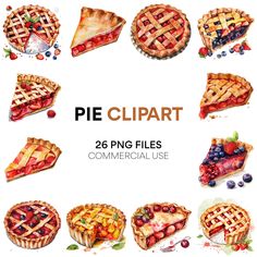 watercolor pie clipart with different types of pies and berries on the top