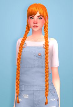 a woman with long orange hair wearing overalls