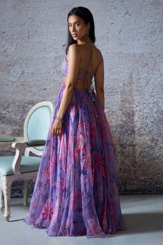 Lilac pleated and side cut-out gown with floral bloom prints, elevated with floral, mirror, sequin embroidery on the yoke. - Aza Fashions Lilac Gown, Mahima Mahajan, Whimsical Aesthetic, Organza Gown, Printed Organza, Voluminous Skirt, Organza Gowns, Vacuum Storage, Gown Pattern