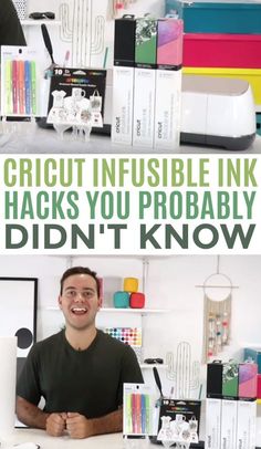 a man sitting at a desk in front of a pile of books with the words cricut invisible ink hacks you probably didn't know