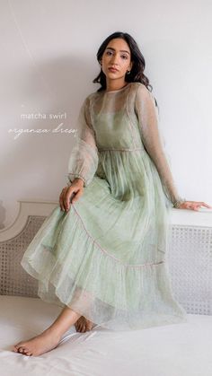 The soft romance of organza- Matcha Swirl Organza Dress, Winterhaze Midi Dress, Faded Rose Organza Dress, Calla Flounce Organza Dress Organza Kurti Designs, Kerala Wedding Saree, Soft Romance, Organza Kurti, Organza Dresses, Casual Trendy Outfits, Casual Frocks, Traditional Indian Outfits