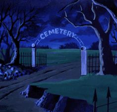 a painting of cemetery gate in the night