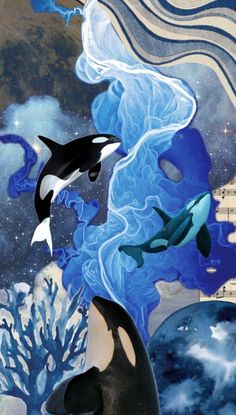 two orca's are swimming in the ocean with blue waves and white clouds